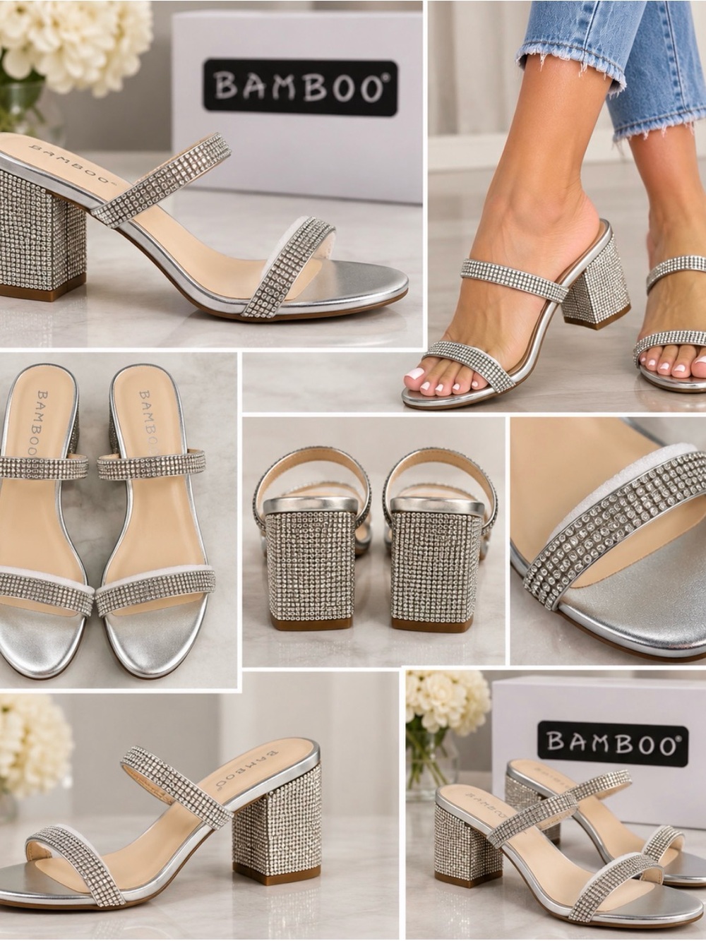 BAMBOO Silver Rhinestone Block Heel Sandals - Picture 4 of 5